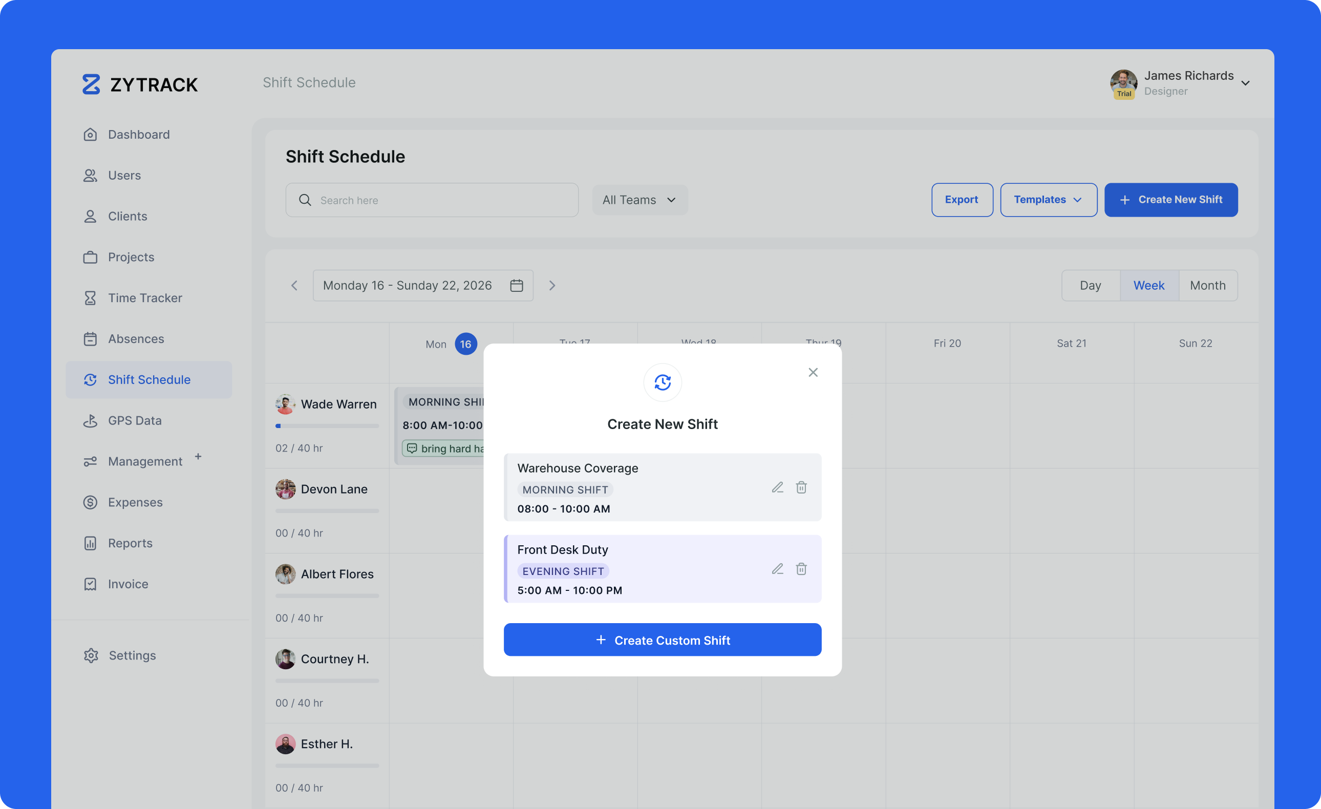 Zytrack shift modal